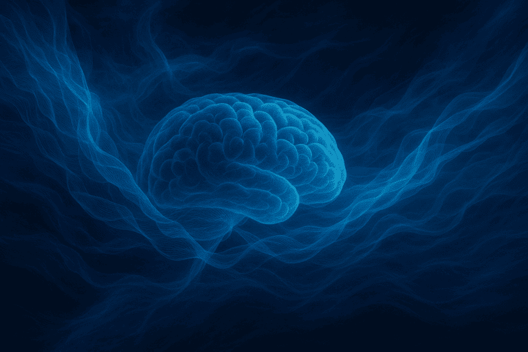 Abstract blue digital illustration of a human brain with flowing waves, representing sleep cycles and nighttime brain activity.